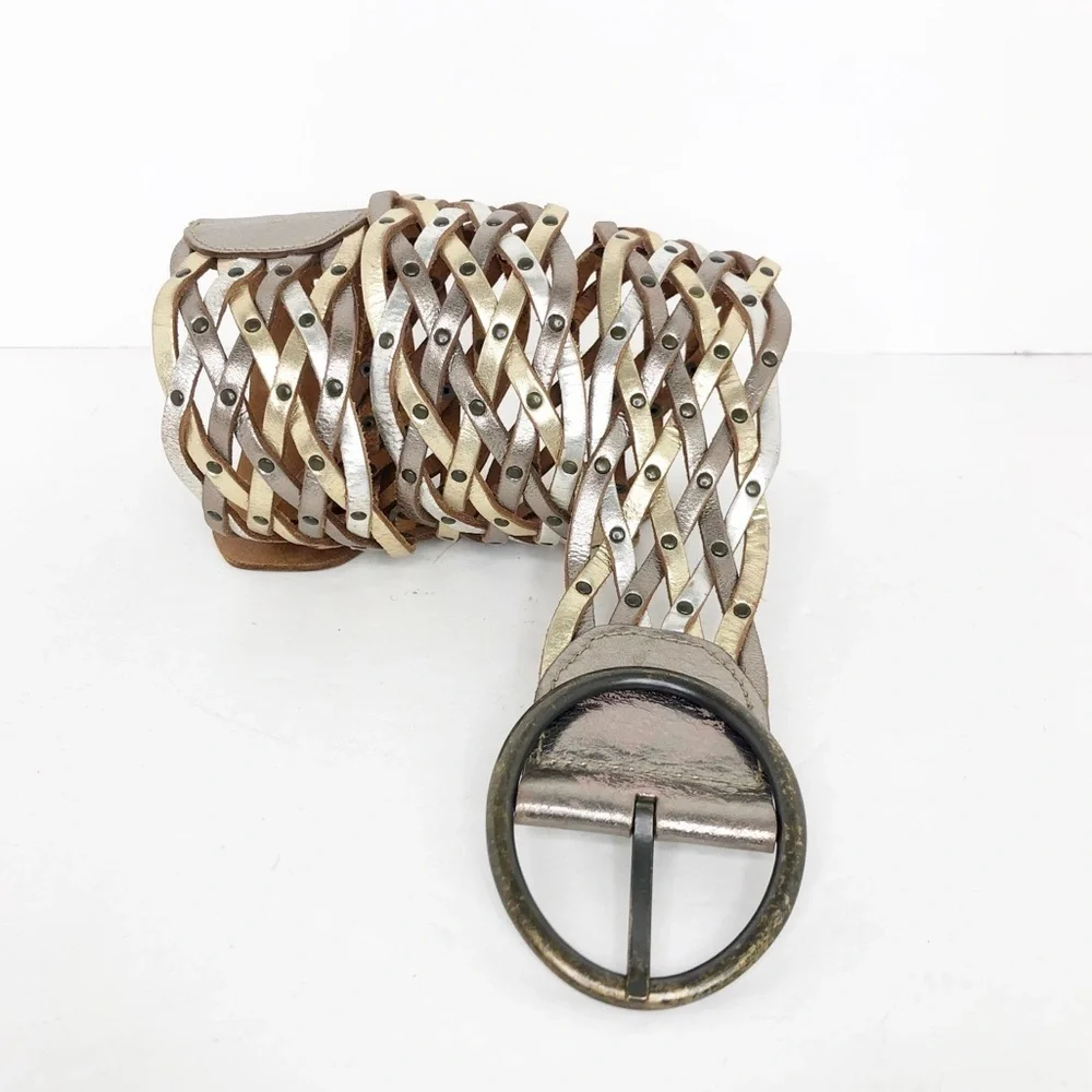 Fossil leather, metallic woven belt